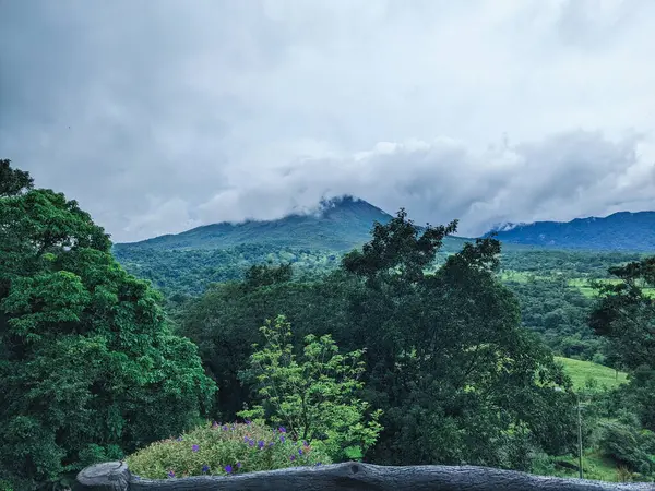 Arenal Volkanı, La Fortuna, Kosta Rika. La Fortuna, Kosta Rika 'daki zirveyi çevreleyen bulutlu Arenal Volkanı. Yeşil yapraklar ve tropikal ormanlar.
