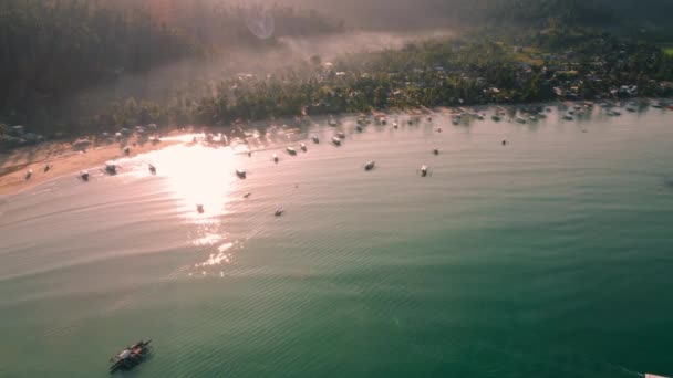 Luchtfoto Overspannen Landschap Geschoten Coconut Strand Baai Palawan Filippijnen Turkoois — Stockvideo