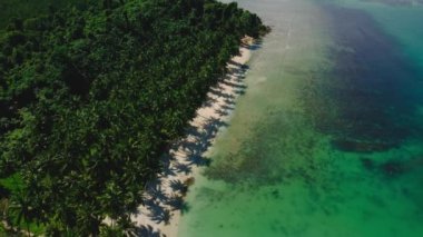 Palawan, Filipinler 'deki Coconut Sahili' nin 4k genişliğindeki hava manzarası. Turkuaz sular ve palmiyeli beyaz kumlu plajlar..