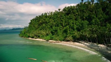 Palawan, Filipinler 'deki Coconut Sahili' nin 4k genişliğindeki hava manzarası. Güzel tropik plajlar, mangrovlar, turkuaz sular, hindistan cevizi kaplı plajlar.. 