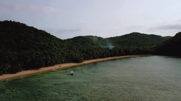 フィリピンのオカム オカム ビーチ コロン フィリピンの漁船と海岸の空中低パス4K映画のビュー 美しい風光明媚なトロピカルビーチ マングローブ ターコイズウォーター ココナッツライニングビーチ — ストック動画