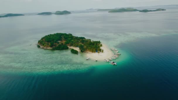フィリピン本土コロン島沖のコロン島とパスアイランドの空の4Kビュー 美しい風光明媚なトロピカルビーチ マングローブ ターコイズウォーター ココナッツライニングビーチ — ストック動画