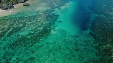 Filipinler 'deki Calauit Ulusal Parkı Coron Adası etrafındaki küçük adaların ve plajların 4k görüntüsü. Kristal berrak turkuaz mavi sular, palmiye ağaçları beyaz kumlu plajlar ve görünür mercan resifleri.. 