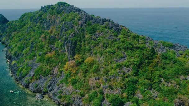 フィリピン カラオケ国立公園コロン島周辺の小さな島やビーチの4Kドローンショット クリスタルクリアターコイズブルーウォーター ヤシの木は白い砂浜と目に見えるサンゴ礁を並べました — ストック動画