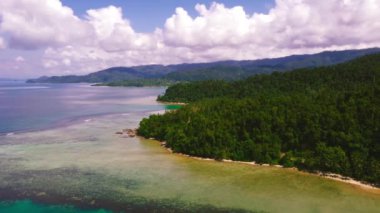 Palawan, Filipinler 'deki Coconut Sahili' nin 4k genişliğindeki hava manzarası. Kristal berrak turkuaz mavi sular, palmiye ağaçları beyaz kumlu plajlar ve görünür mercan resifleri..  
