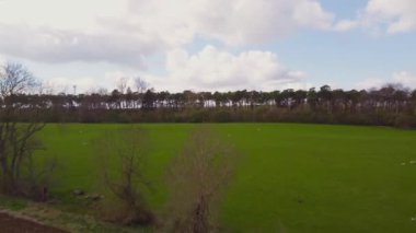  4K hava görüntüsü Türbin Değirmenleri kırsal İngiltere 'de rüzgar tarlası. Yenilenebilir enerji.