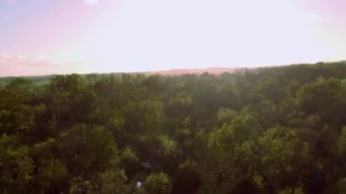 Günbatımında İngiltere 'deki eski ormanların üzerinden insansız hava aracının tepesinden aşağı doğru uçuyor.