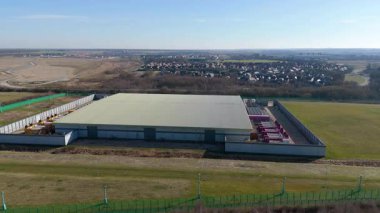 Aerial view of state of the art data centre, information storage and cooling turbines fans energy air conditioning, cloud IT, England UK