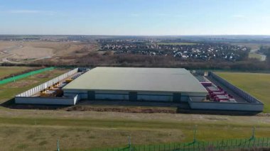 Aerial view of state of the art data centre, information storage and cooling turbines fans energy air conditioning, cloud IT, England UK