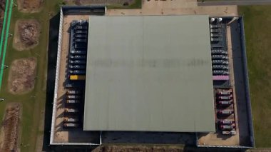 Aerial view of state of the art data centre, information storage and cooling turbines fans energy air conditioning, cloud IT, England UK