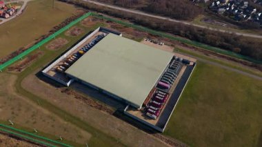 Aerial view of state of the art data centre, information storage and cooling turbines fans energy air conditioning, cloud IT, England UK