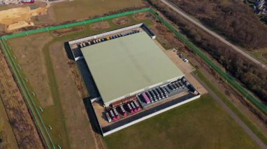 Aerial view of state of the art data centre, information storage and cooling turbines fans energy air conditioning, cloud IT, England UK
