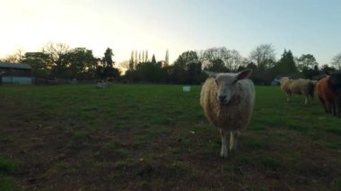 Point of view of small sheep rams and lambs on rural farmland paddocks, evening sunlight in Spring, England UK