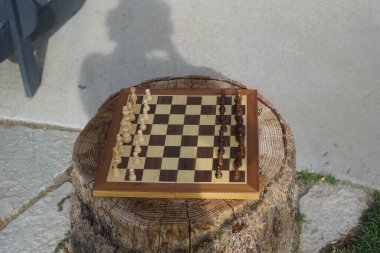 Açık havada satranç tahtası, ağaç kütüğünde satranç tahtası