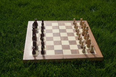 Satranç tahtası açık havada, satranç tahtası çeşitli yerlerde, satranç tahtası çimenlerde.