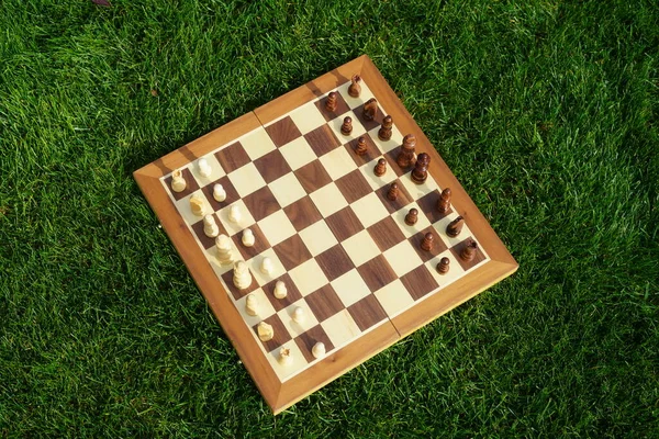 Chess board playing outdoors, chess board in various locations, chess board in grass