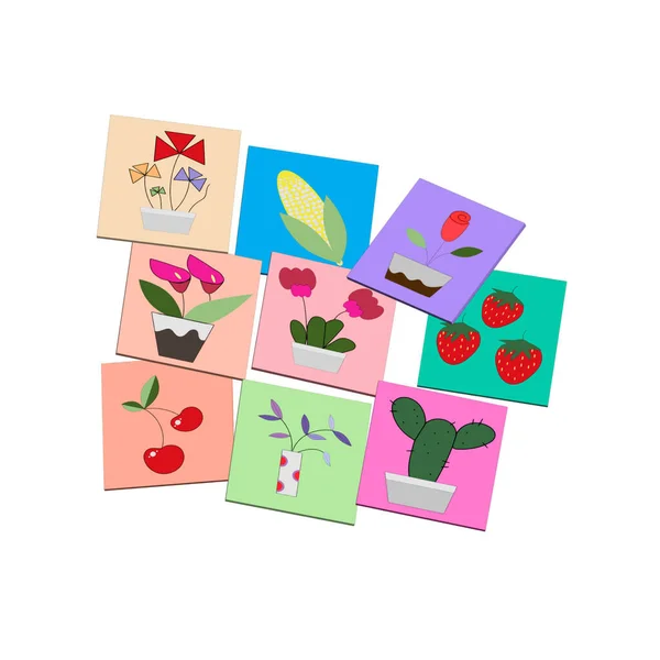 card drawing with flowers and fruits of many colors