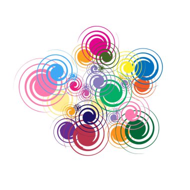 Bir araya toplanmış birçok renkli dairenin soyut çizimi.