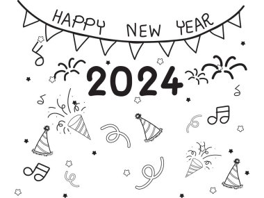 Mutlu yıllar 2024, yeni yıl parti elemanları beyaz arka planda siyah karalanıyor..