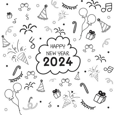 Yeni yıl nesneleri ve tanımları çizilmiş el çizimi çizimi. Mutlu yıllar 2024..