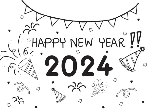 Feliz Ano Novo 2024 Set Elementos Partido Ano Novo Doodle — Vetor de Stock