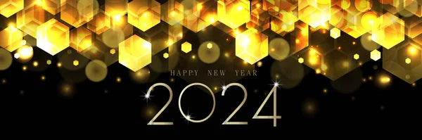 2024 yılbaşı altın sarısı. Işıklandırma efekti siyah arka planda parıldıyor. Şablon premium ödül tasarımı. Vektör illüstrasyonu