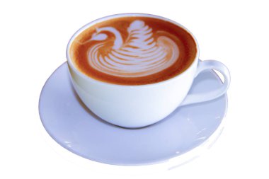 Kahve kapuçinosu beyaz arka planda izole edilmiş, kahveciler için resimler, kahve fincanının üstü.