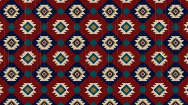 Kırmızı etnik kökenli Meksika tarzı halı, Navajo kabile vektörünün pürüzsüz şekli, Geometrik etnik ikat dokusu tasarımı. Tekstil moda çizgisi kusursuz desen ve batik kumaş dokusu .