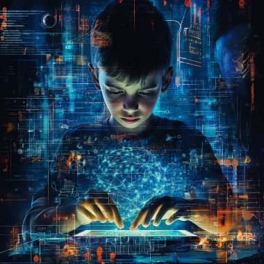 çocuk gelecekteki fırsatlar ve eğitim konsepti için dijital tablet kullanıyor