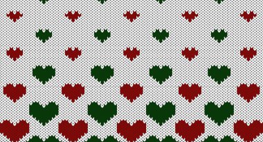 Beyaz örgü desenli kırmızı ve yeşil kalp, Şen Süveter Tasarımı. Kusursuz örülmüş desen, Noel örgü deseni.