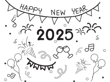 Yeni yıl 2025 parti elemanları beyaz arka planda siyah renkte karalanıyor.