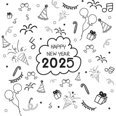 Yeni yıl nesneleri ve tanımları çizilmiş el çizimi çizimi. Mutlu yıllar 2025..