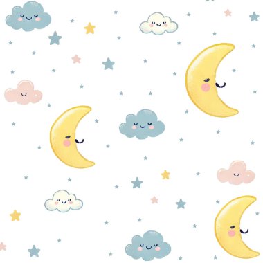 Beyaz zemin üzerinde ay, bulut ve yıldız olan kusursuz çocuk desenleri kumaş, ambalaj, tekstil, duvar kağıdı, giyim için İskandinav çocuk dokuları..