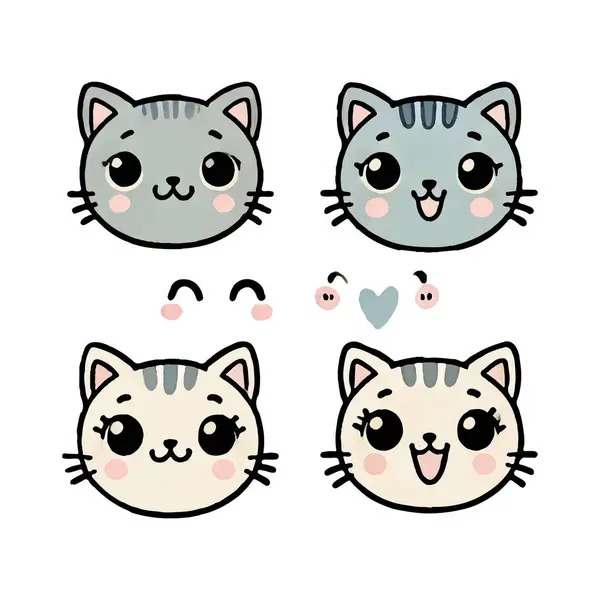 Şirin kedi yüzleri. Hava durumu ikonları, çocukların dost tasarımı. Parmak izleri, tişörtler, tatil davetiyeleri, çocuklar için kartlar.