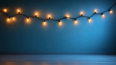 Mavi arka planda sıcak ampuller, Noel arkaplanı.