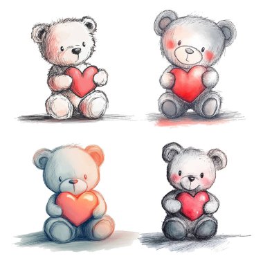 Kırmızı bir kalbe sarılan küçük sevimli bir ayı.