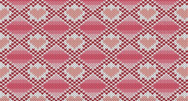 Pembe kalp ve kırmızı geometrik örgü desen, Şen Süveter Tasarımı. Kusursuz Örülmüş Desen