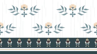 Beyaz etnik ikat dokusunda yeşil yapraklar ve pembe çiçek. Tekstil desenli örgü kusursuz desen ve batik kumaş deseni Asyalı duvar kağıdı geometri Hindistanlısı. Etnik soyut ikat sanatı .