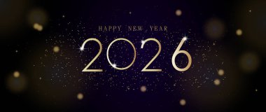 2026. Karanlık arka planda mutlu yıllar. Tebrik kartı, Banner, Poster. Vektör İllüstrasyonu.