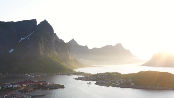 Beautiful Sunset Dramatic Mountains Fjords Lofoten Islands Northern Norway Aerial — Vídeo de stock