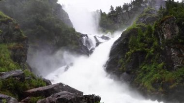 Lefossen Şelalesi bulutlu, yağmurlu bir günde, Norveç 'te yeşil çam ormanlarıyla çevrili. Su kanyonlarda akıyor ve kasvetli bir günde sis yaratıyor. Yüksek kalite 4k görüntü