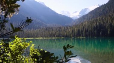 Joffrey Lakes, British Columbia, Kanada 'da yüksek karlı dağlar ve yeşil çam ormanlarıyla çevrili açık mavi bir su. Kanada Dağlarındaki Buzul Gölü. 