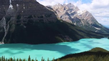 Kanada, Alberta 'daki Banff Ulusal Parkı' nda çevresindeki dağ ve ormanlarla birlikte açık mavi Peyto Gölü 'ne bakıyorum. Kanada Kayalıkları 'ndaki buzul gölü. Yüksek kalite 4k görüntü