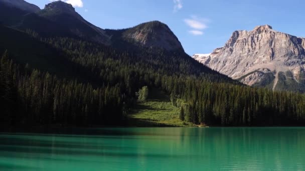 晴れた日のエメラルド湖の明るい青い氷河水 ヨーホ国立公園 アルバータ カナダ カナダのロッキー山脈の中心部にある高山と濃厚な松林に囲まれた湖 — ストック動画