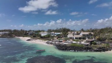 Luxury Villas And A Boat By The Shore, Mauritius, Aerial View