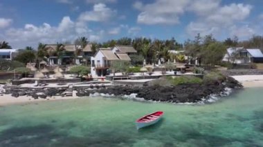 Luxury Villas And A Boat By The Shore, Mauritius, Aerial View