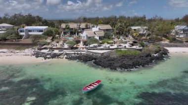 Luxury Villas And A Boat By The Shore, Mauritius, Aerial View