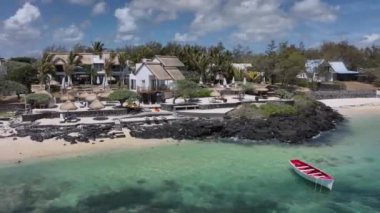 Luxury Villas And A Boat By The Shore, Mauritius, Aerial View