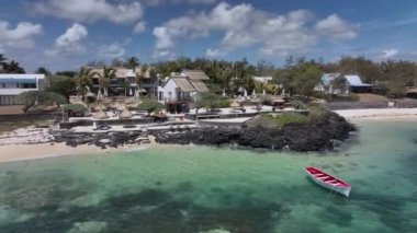 Luxury Villas And A Boat By The Shore, Mauritius, Aerial View