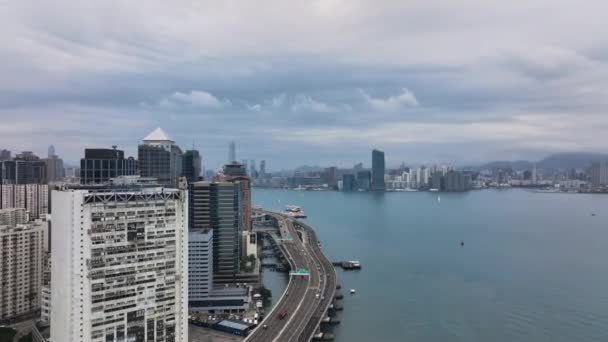 Victoria Harbour Panorama Dnia Hongkongu Widok Lotu Ptaka — Wideo stockowe